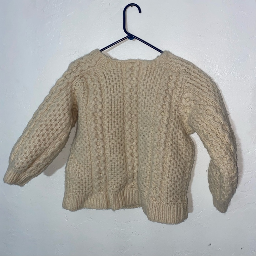 THICK Wool Sweater Scottish or Shetland ? Ivory Cable Knit Handmade Shrunken
